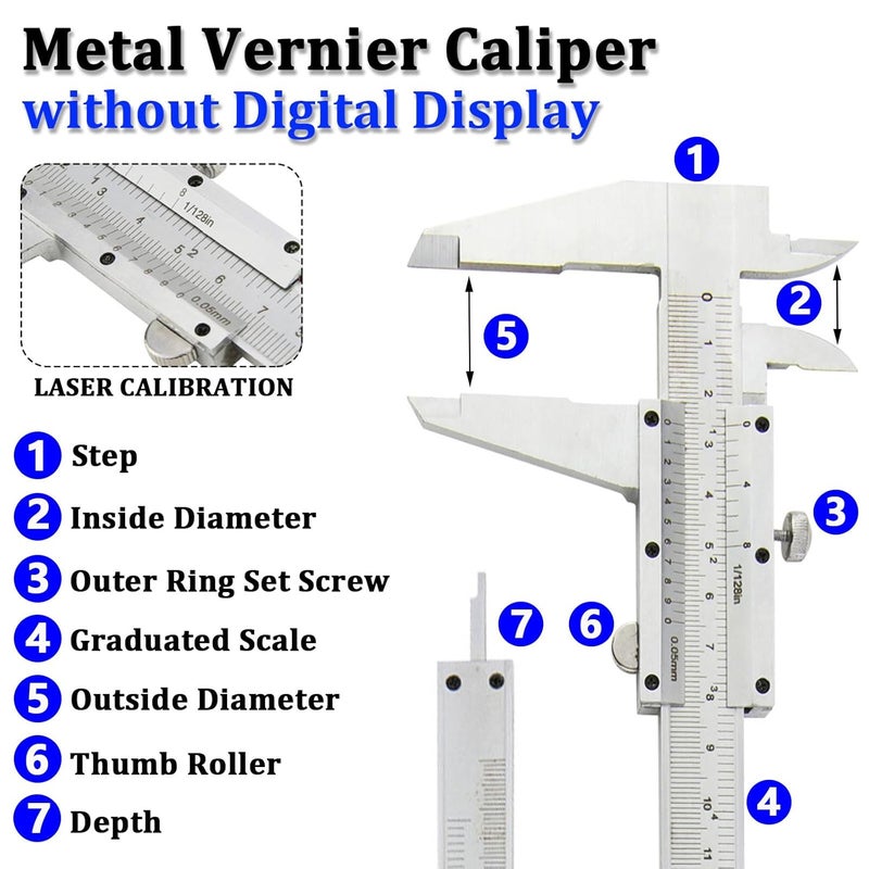 Elemirance Non Digital Vernier Caliper, 6"/150mm Stainless Steel Caliper Measuring Tool, High Precision Micrometer Carbon Caliper, 1/128" & 0.05mm Dual Reading Scale - Image 2